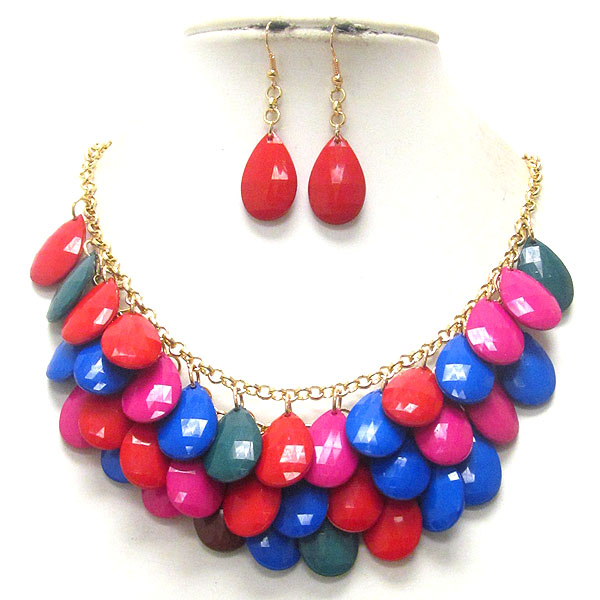 Multi facet acrylic teardrop dangle bib style necklace earring set