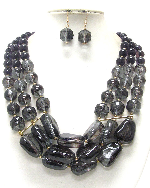 Multi facet and ball acrylic stone 3 layered necklace earring set