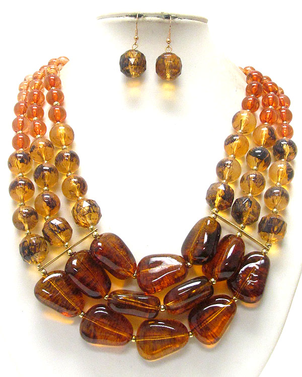 Multi facet and ball acrylic stone 3 layered necklace earring set