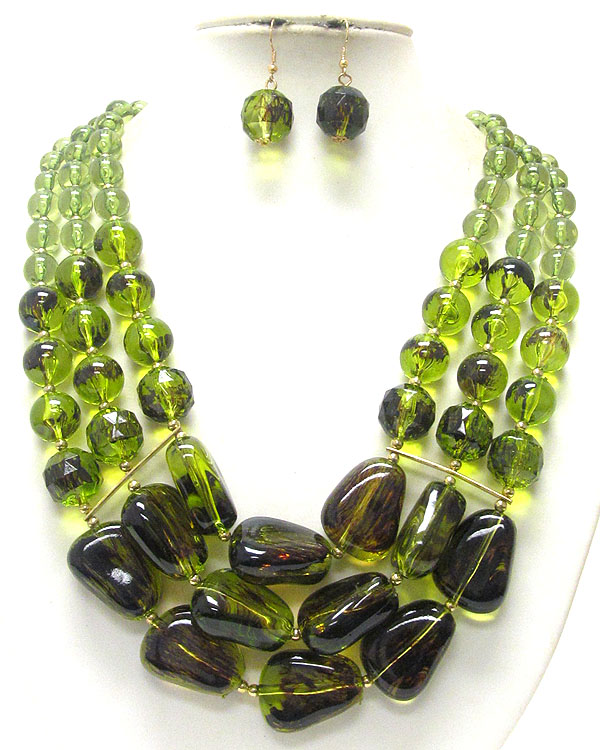 Multi facet and ball acrylic stone 3 layered necklace earring set