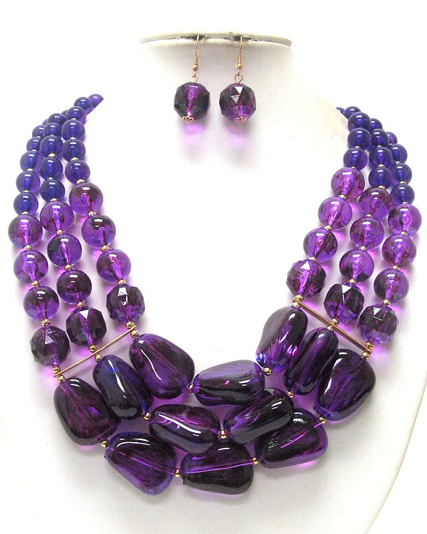 Multi facet and ball acrylic stone 3 layered necklace earring set