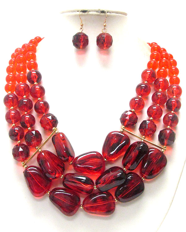 Multi facet and ball acrylic stone 3 layered necklace earring set