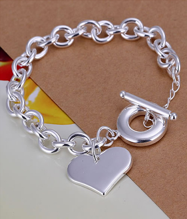 925 sterling silver plated tiffany style heart charm toggle bracelet -valentine