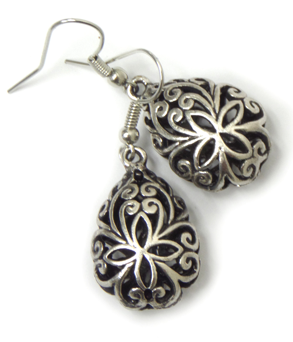 Tibetan silver hollow metal filigree tear drop earring