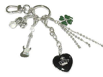 Attachable heart clover guitar and elephant charm key chain