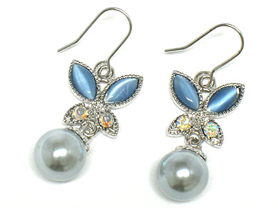 Made in korea whitegold plating crystal butterfly and pearl drop earring