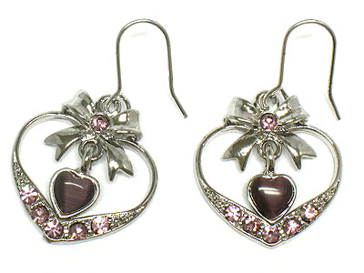 Made in korea whitegold plating crystal heart and ribbon earring