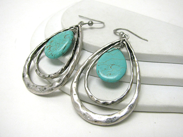 Hammered metal tear drop and turquoise earrings