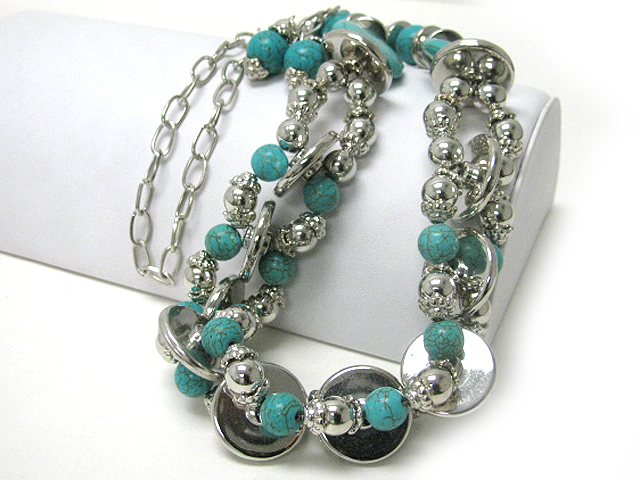 Turquoise and metal ball mix multi strans long necklace earring set