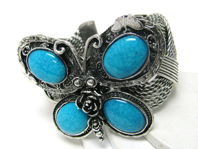 Turquoise stone metal butterfly top cuff bangle