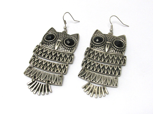 Crystal eyed metal owl earrings