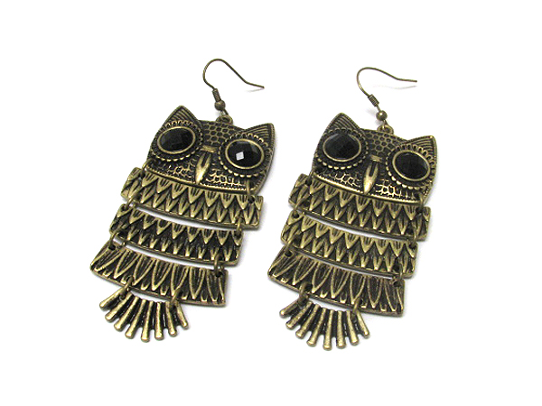 Crystal eyed metal owl earrings