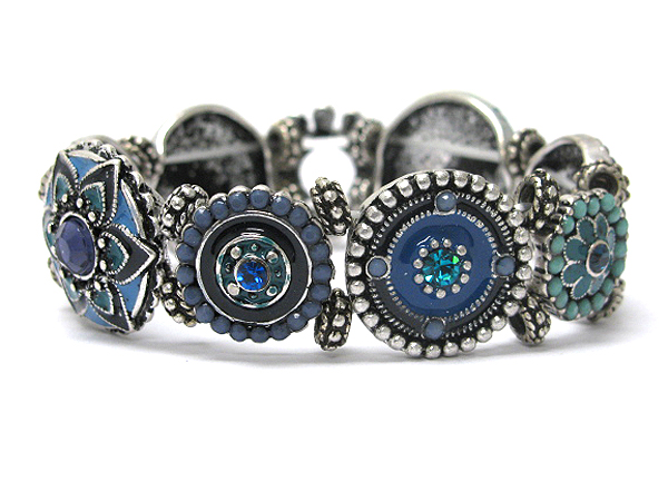 Crystal and epoxy deco multi flower theme stretch bracelet