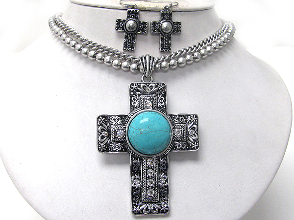 Turquoise center and crystal deco large cross pendant necklace earring set