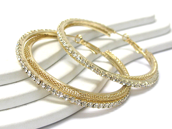 Crystal stud and mesh chain double hoop earrings - hoops