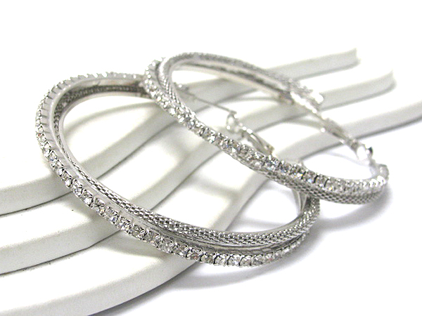 Crystal stud and mesh chain double hoop earrings - hoops