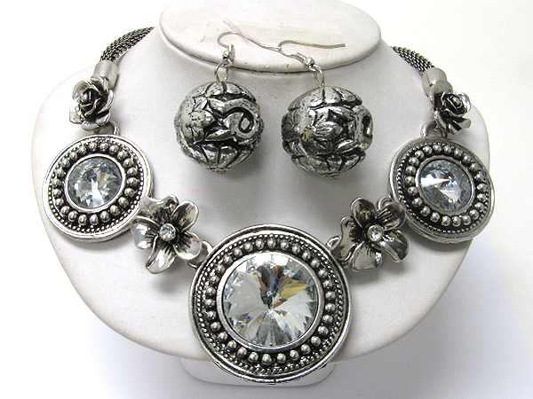 Triple facet glass and crystal deco statement necklace earring set