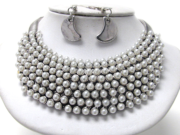 Multi pearl stud bib necklace earring set