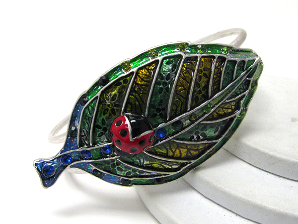 Crystal and epoxy deco ladybug on leaf bangle bracelet