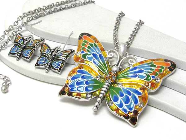 Crystal and epoxy deco large butterfly necklace earring set