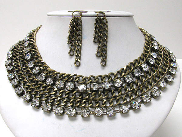 Multiple chunky and bald style chain and crystal link necklace earring set