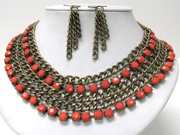 Multiple chunky and bald style chain and crystal link necklace earring set