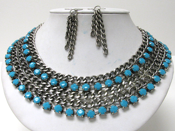 Multiple chunky and bald style chain and crystal link necklace earring set