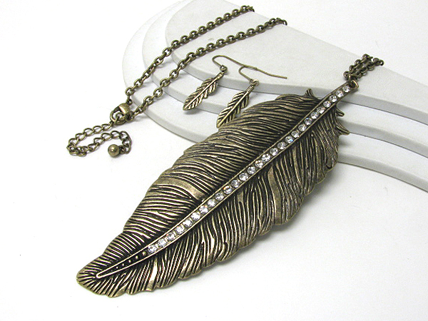 Crystal stud large leaf pendant and long chain necklace earring set