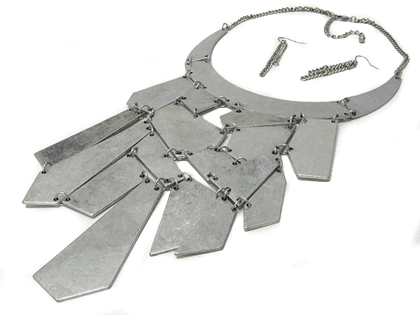 Architectural and geometric multi solid metal shape link bib necklace earring set