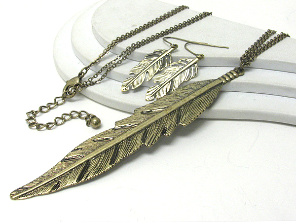 Large metal leaf pendant and long metal chain necklace earring set