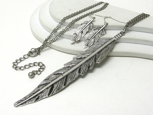 Large metal feather pendant and long metal chain necklace earring set