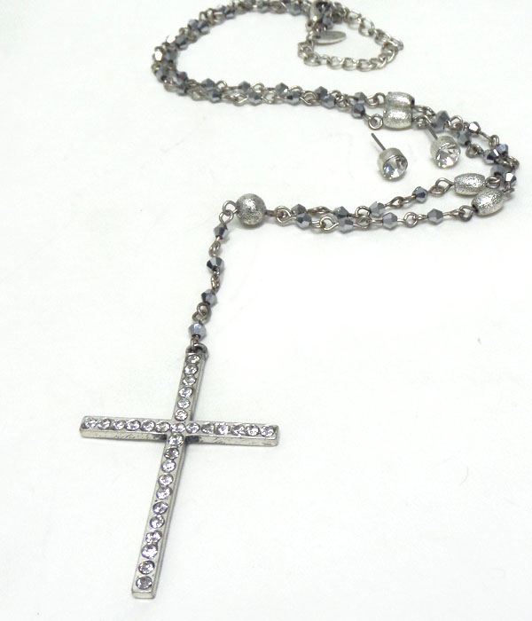 Glass beads stone cross rosary necklace set 