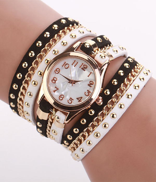 3 layer leather and chain wrap around watch