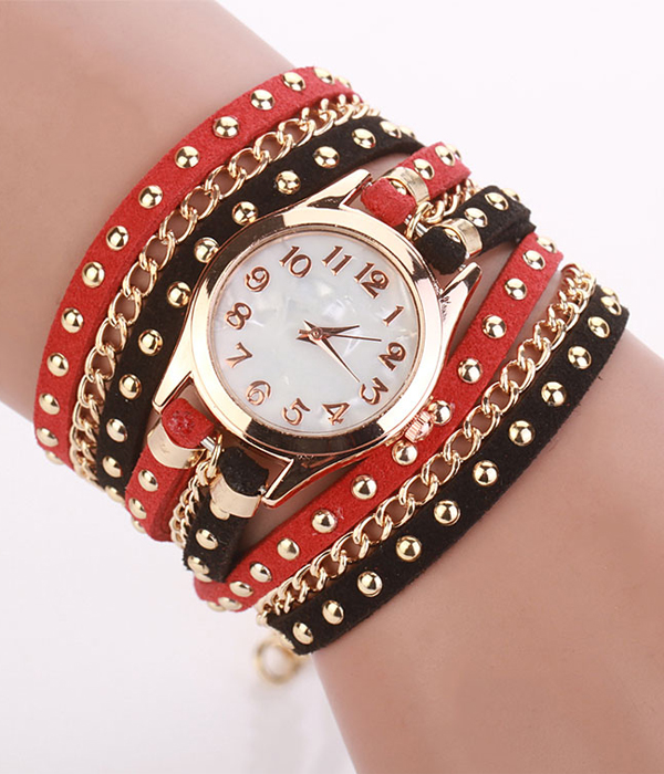 3 layer leather and chain wrap around watch