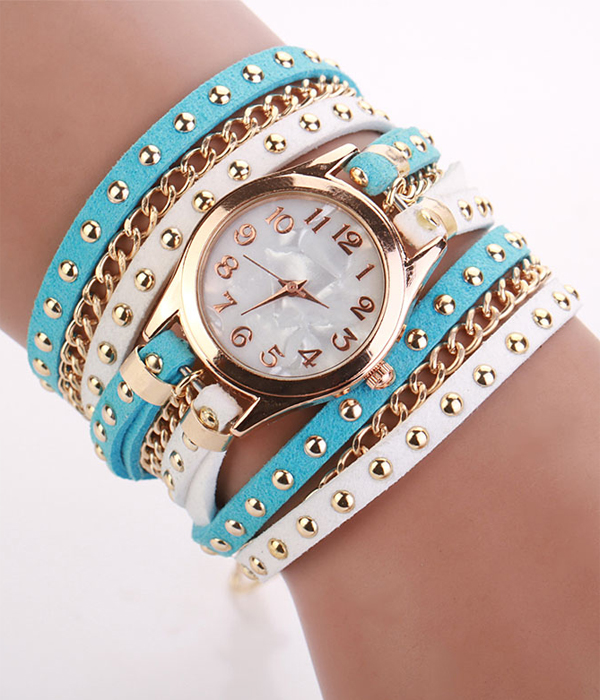 3 layer leather and chain wrap around watch