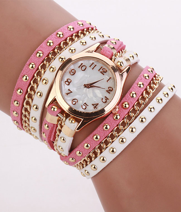 3 layer leather and chain wrap around watch