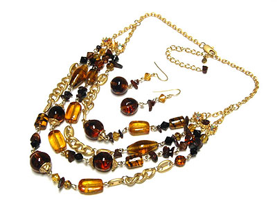 4 row glass beads and chain neckalce and earring set