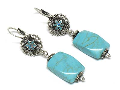 Turquoise stone dangle crystal deco metal disk earring