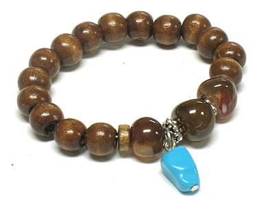 Multi wood beads link natural stone charm bracelet