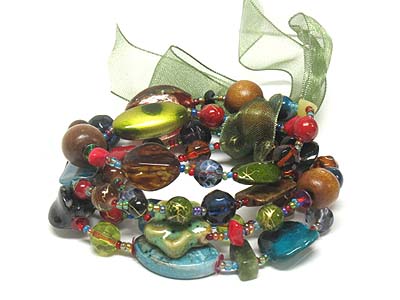 Multi five row patina beads and ribbon stretch bracelet