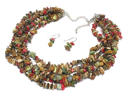 Multi five row natural chip stone necklace and earring set