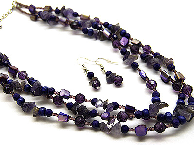 Multi triple natural stone deco strand seed beads necklace and earring set 