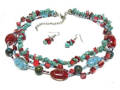 Multi glass bead and natural chip stone strand necklace and earring set