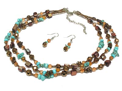 Double natural stone deco strand necklace and earring set