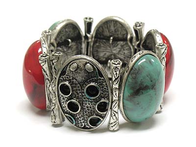 Turquoise and coral color glamorous oval stone and metal bar stretch bracelet