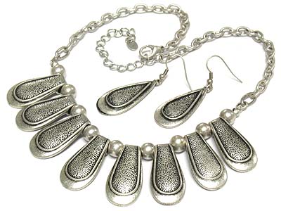 Antique style burnish metal bar drop necklace and earring set