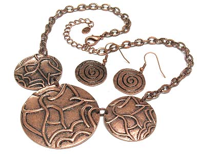 Metal filigree tri round disk link necklace and earring set