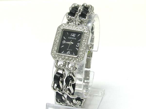 Crystal case metal chain and leather braided band watch