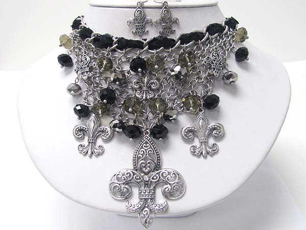 Multi facet glass stone and fleur de lis dangle necklace earrng set