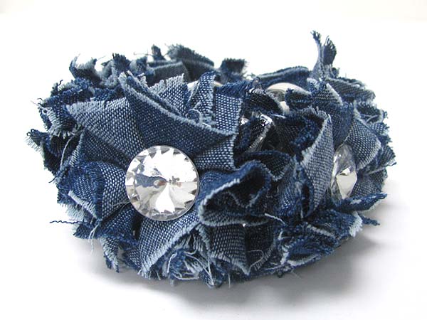 Crystal stone stud denim flower link stretch bracelet